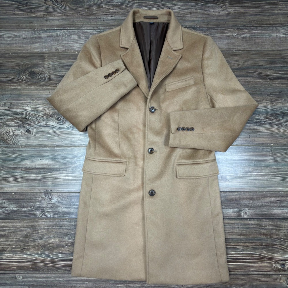 J.Crew Mens Size 38 Topcoat Camel Tan Wool Blend Classic Long Coat CL299 NEW